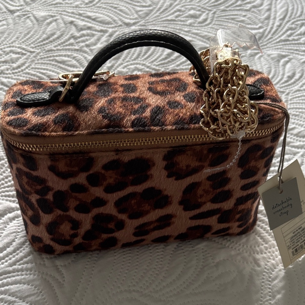 Leopard Print Faux Fur Top-Handle Crossbody Bag - Brown NWT